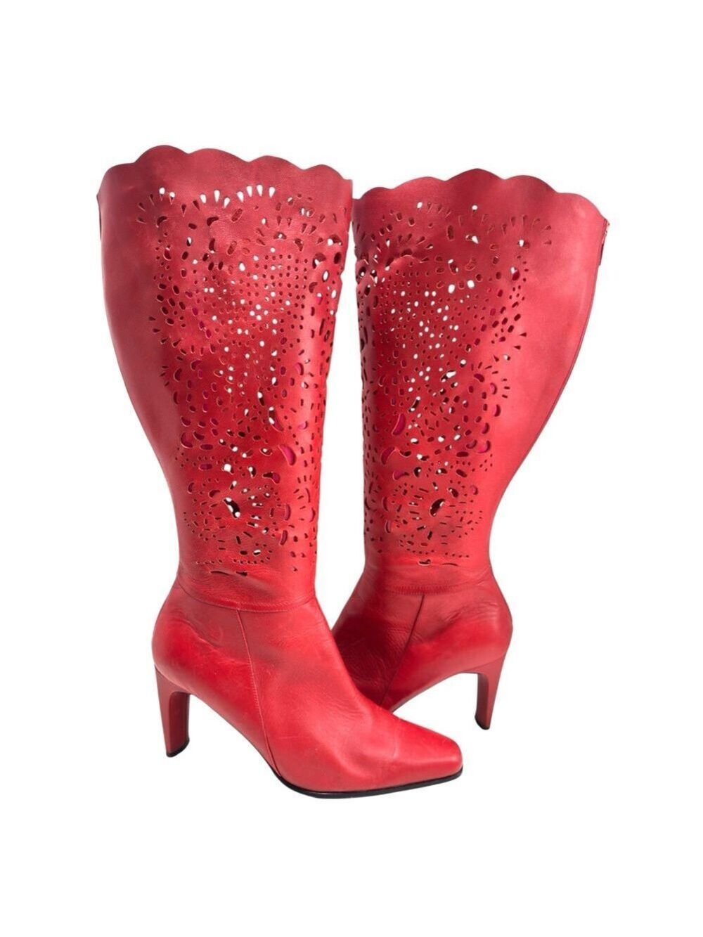 Bellini Boho Red Laser-Cut Scalloped Leather Knee High Boots Womens Sz 8.5M